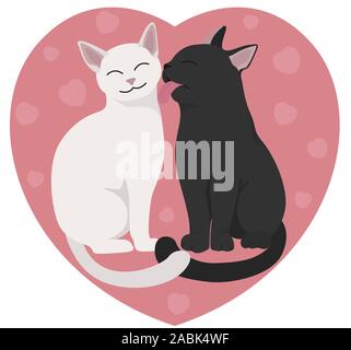 Two cats black and white. Valentine`s day. Vector illustration Stock Vector